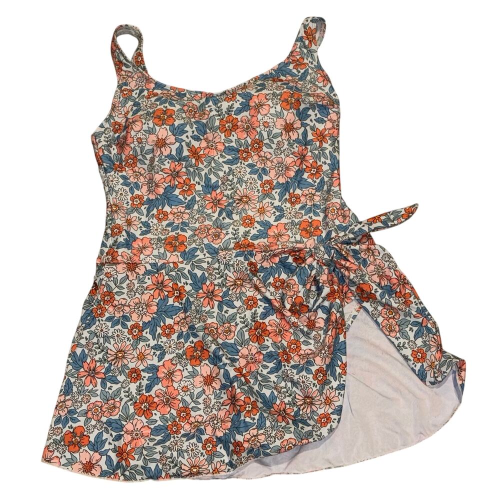 EoMenie Side Tie 1 Pc Swimsuit Dress Women size Large Blue Floral Cottage Core